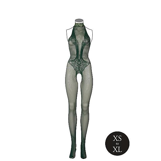 Smaragdgrønn fishnet og blonde bodystocking med halterneck og åpen skritt, tilgjengelig i XS til XL.