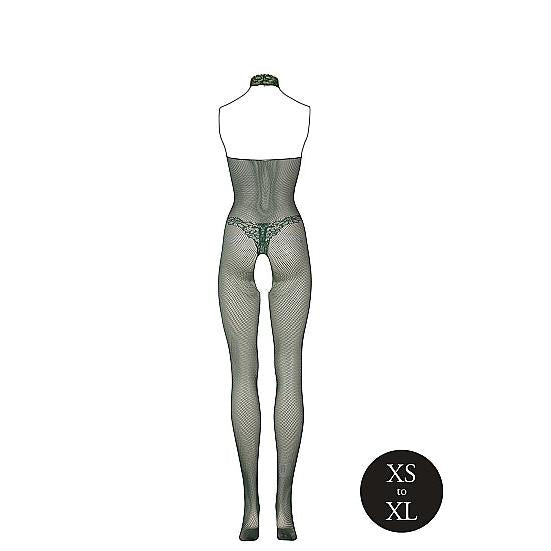 Smaragdgrønn fishnet og blonde bodystocking med halterneck og åpen skritt, one size.