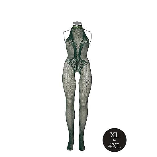 Smaragdgrønn fishnet og blonde bodystocking i plus size (XL-4XL) med halterneck og åpent skritt.