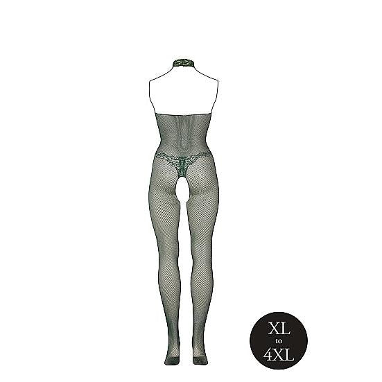 Smaragdgrønn fishnet og blonde bodystocking i plus size (XL-4XL) med halterneck og åpent skritt.