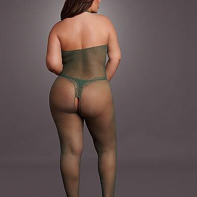 Plus size smaragdgrønn fishnet bodystocking med blonde, halterneck og åpent skritt, sett bakfra.