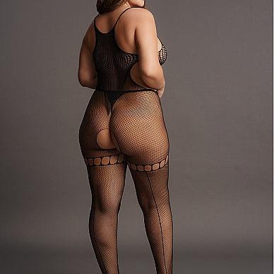Plus size svart fishnet bodystocking med åpne sider, rumpa og lårhøye strømpe-illusjon.