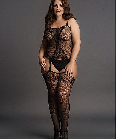 Le Désir Fishnet and Lace Teddy med Strømper - Plus Size