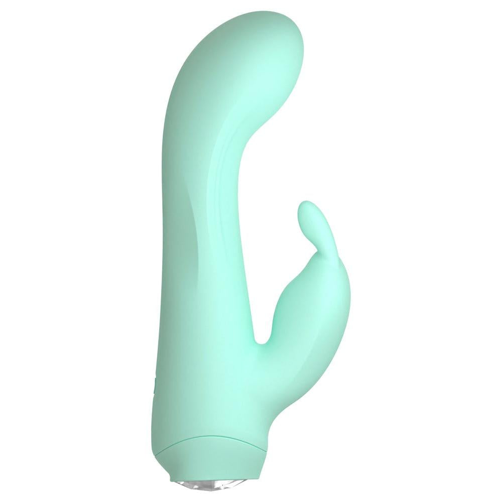 Mintgrønn Cuties Little Rabbit vibrator i silkemyk silikon med bøyd tupp og klitorisstimulator.