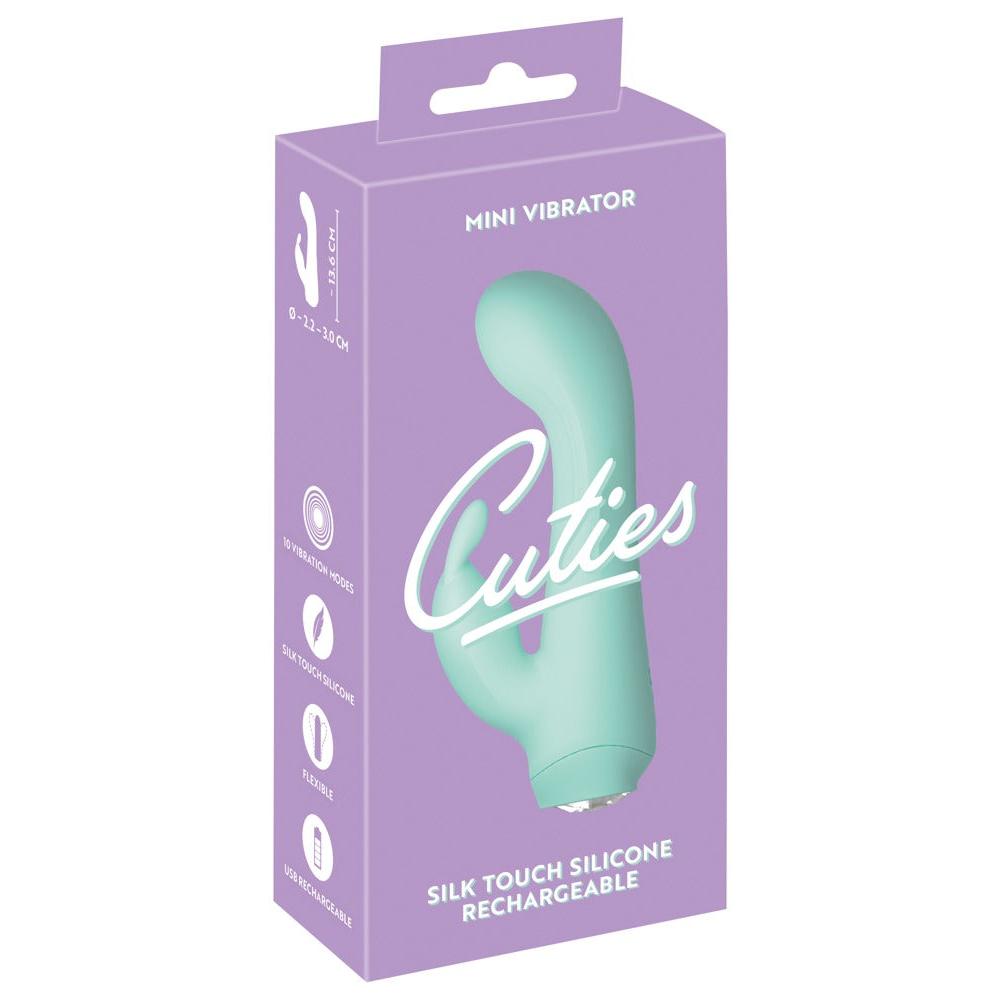 Cuties Little Rabbit Vibrator i mintgrønn silkemyk silikon, vist i lilla emballasje med produktfunksjoner.
