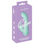 Cuties Little Rabbit Vibrator i mintgrønn silkemyk silikon, vist i lilla emballasje med produktfunksjoner.