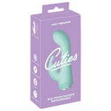Cuties Little Rabbit Vibrator i mintgrønn silkemyk silikon, vist i lilla emballasje med produktfunksjoner.