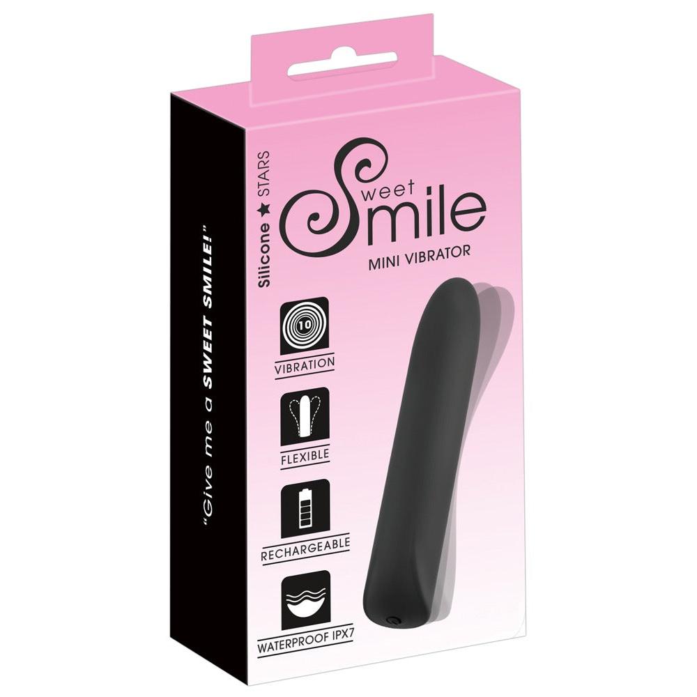 Sweet Smile svart silikon mini vibrator i rosa eske, med 10 vibrasjonsmoduser, fleksibel og vanntett design.