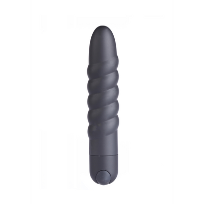 Mørkegrå LOLA bulletvibrator med spiralformet tekstur og en knapp nederst.