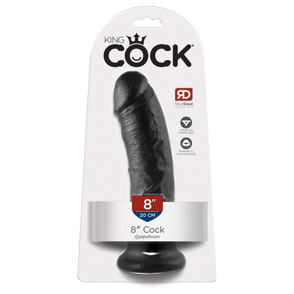 Mørk, realistisk King Cock dildo med årepreg, buet form, og kraftig sugpropp, 20 cm lang.