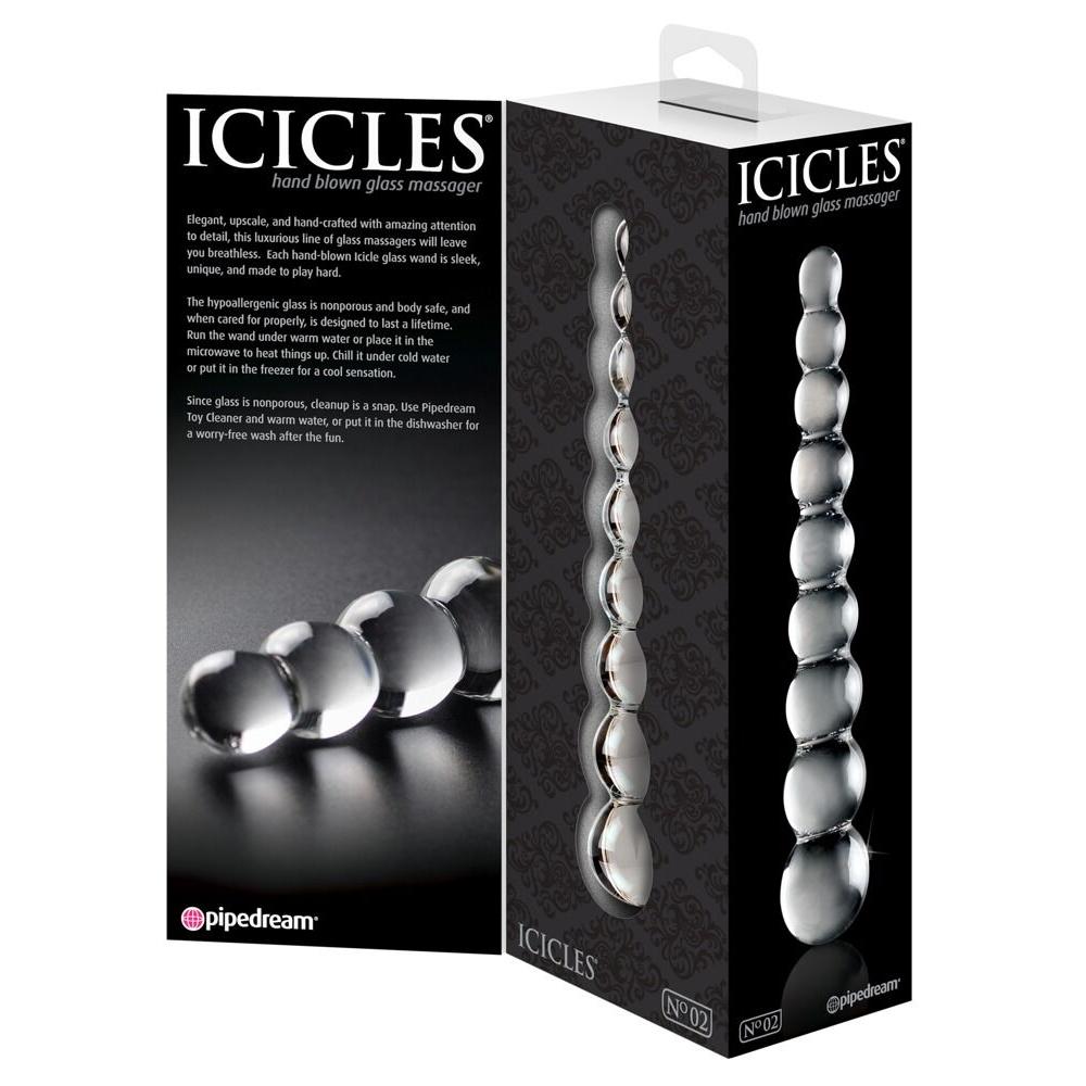 Icicles No. 2 glassdildo med 9 kuler i varierende størrelser, vist i eske og løst.