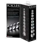 Icicles No. 2 glassdildo med 9 kuler i varierende størrelser, vist i eske og løst.
