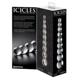 Icicles No. 2 glassdildo med 9 kuler i varierende størrelser, vist i eske og løst.