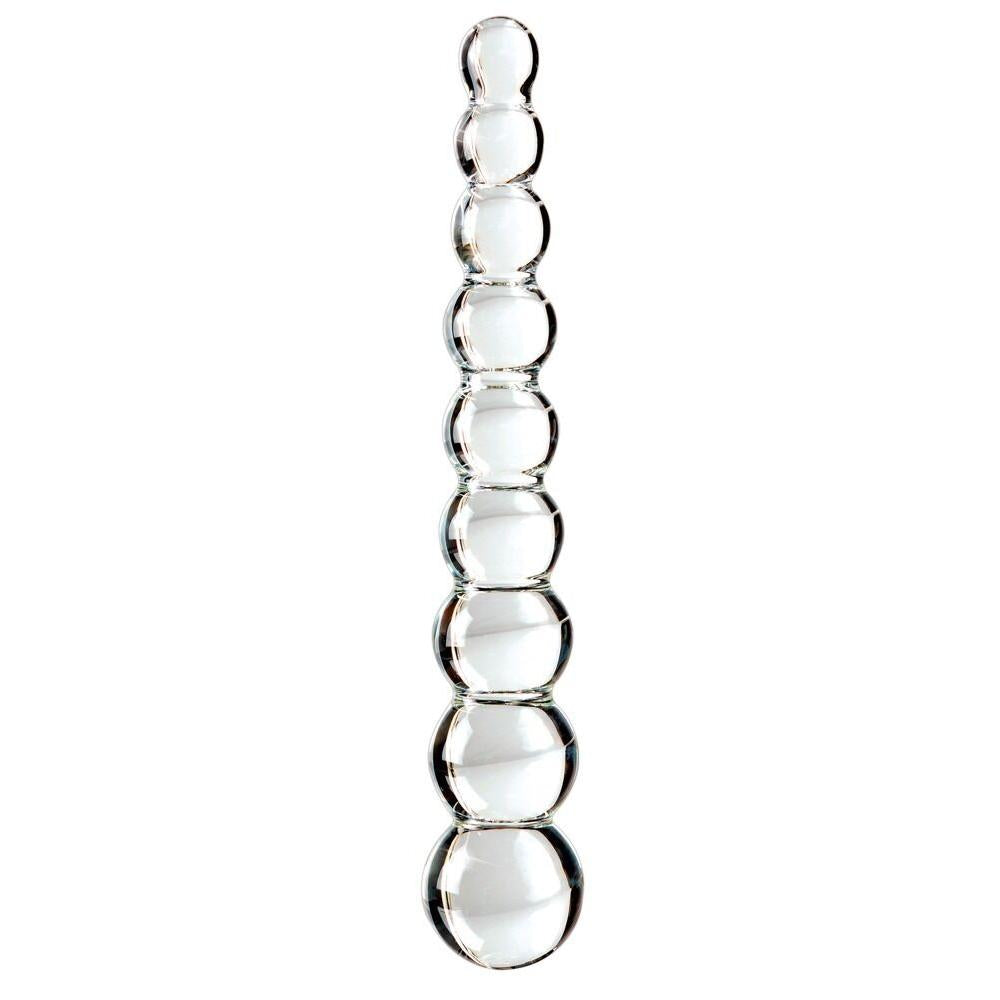 Klar glassdildo med 9 kuler i varierende størrelser, 22,5 cm lang.