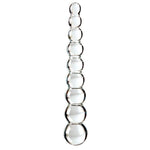Klar glassdildo med 9 kuler i varierende størrelser, 22,5 cm lang.