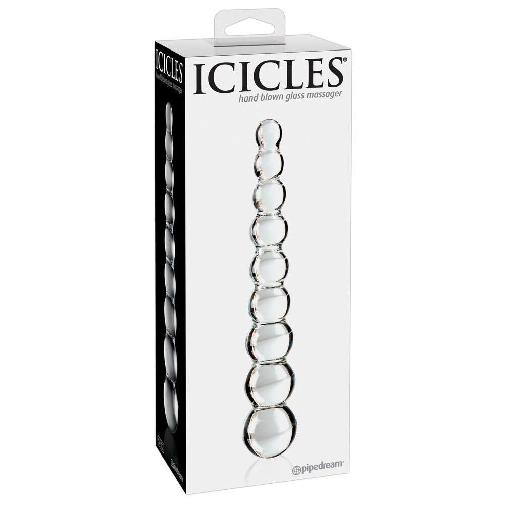Icicles Glass Dildo No. 2, klar håndblåst glassmassasjeapparat med 9 kuler, i hvit eske.