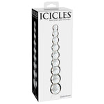 Icicles Glass Dildo No. 2, klar håndblåst glassmassasjeapparat med 9 kuler, i hvit eske.