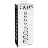 Icicles Glass Dildo No. 2, klar håndblåst glassmassasjeapparat med 9 kuler, i hvit eske.