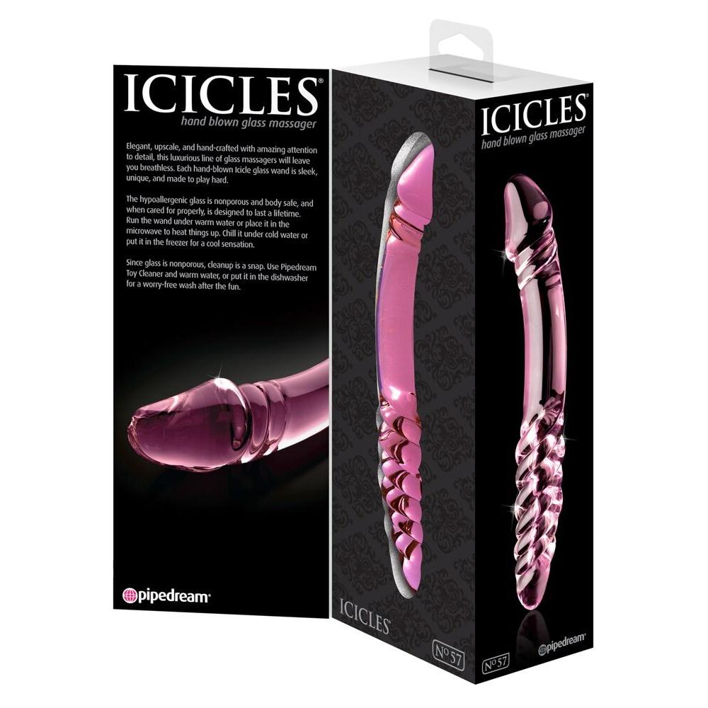 Rosa glassdildo med spiralstruktur og markert penishode, vist i og utenfor emballasjen.