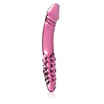 Rosa glassdildo med penishode og rillet, bølgende mønster for temperaturlek.