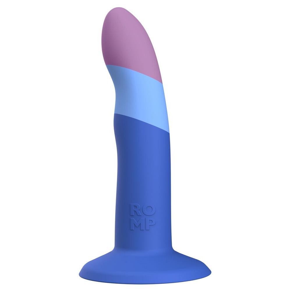 Piccolo G-punkt dildo i myk silikon, med buet design i rosa, lyseblå og mørkeblå, og sugefot.