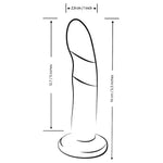 Skisse av Piccolo dildo med buet design, sugefot og målene 14 cm lengde og 2,9 cm diameter.