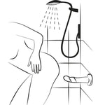Svart-hvitt illustrasjon av en person som dusjer, med en bølget dildo festet til veggen.