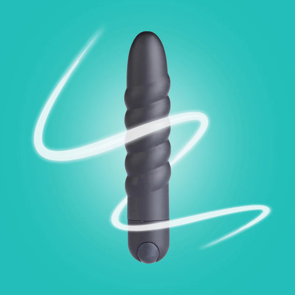 Mørkegrå LOLA bulletvibrator med spiraldesign og en lysende hvit linje på turkis bakgrunn.