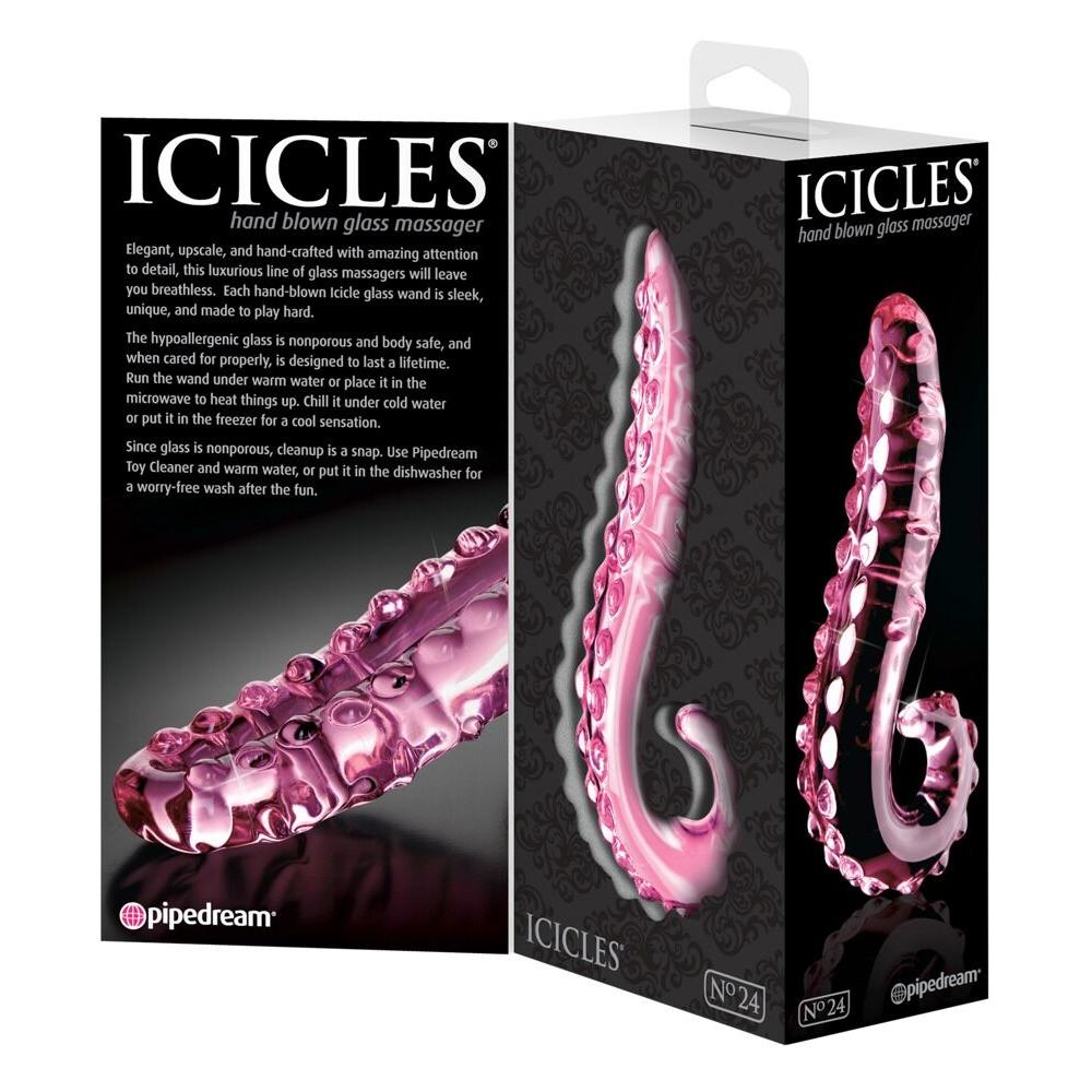 Rosa glassdildo Icicles No. 24 med nupper og riller, vist i emballasje.