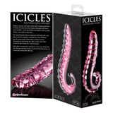Rosa glassdildo Icicles No. 24 med nupper og riller, vist i emballasje.