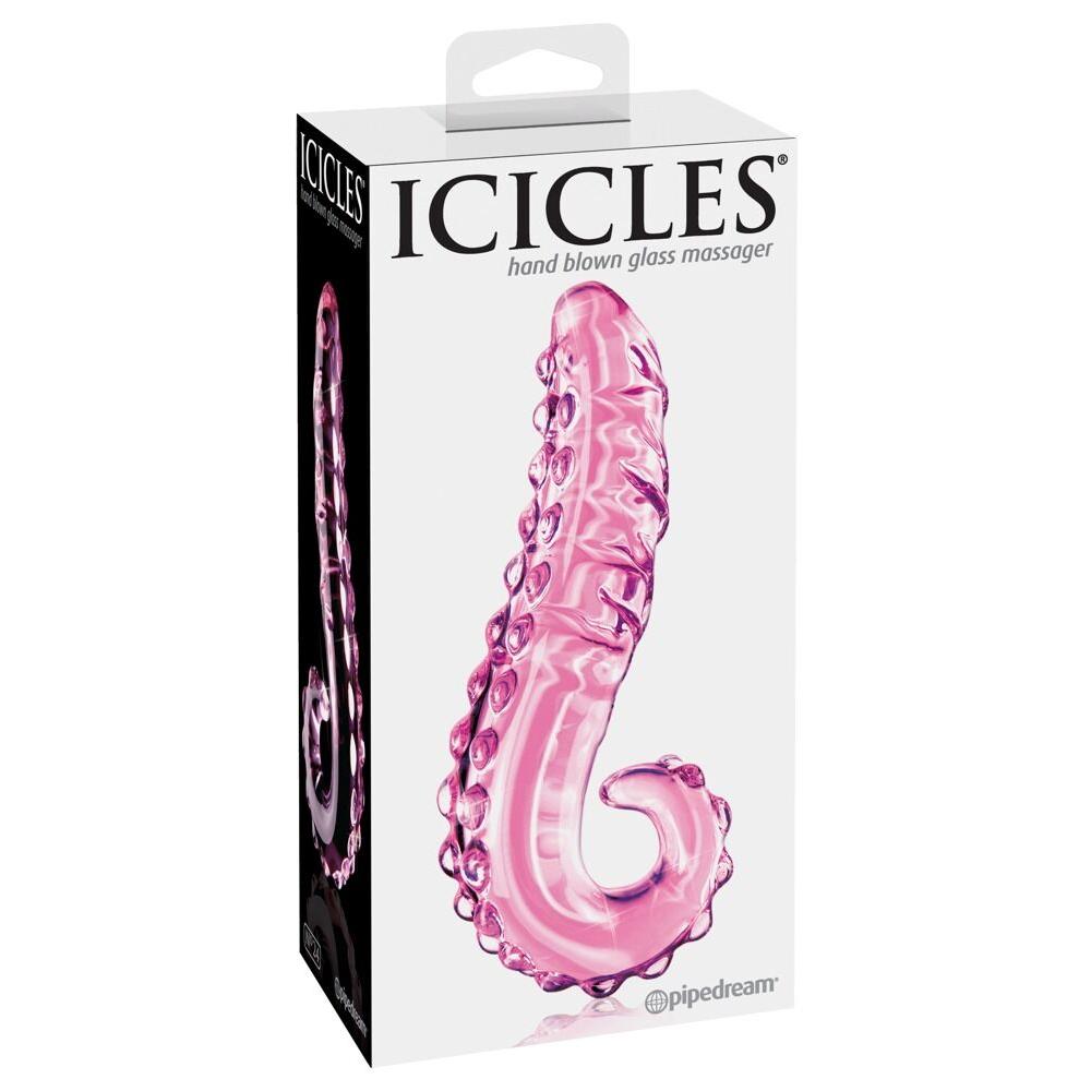 Rosa Icicles No. 24 håndblåst glassdildo med nupper og riller, vist i esken.
