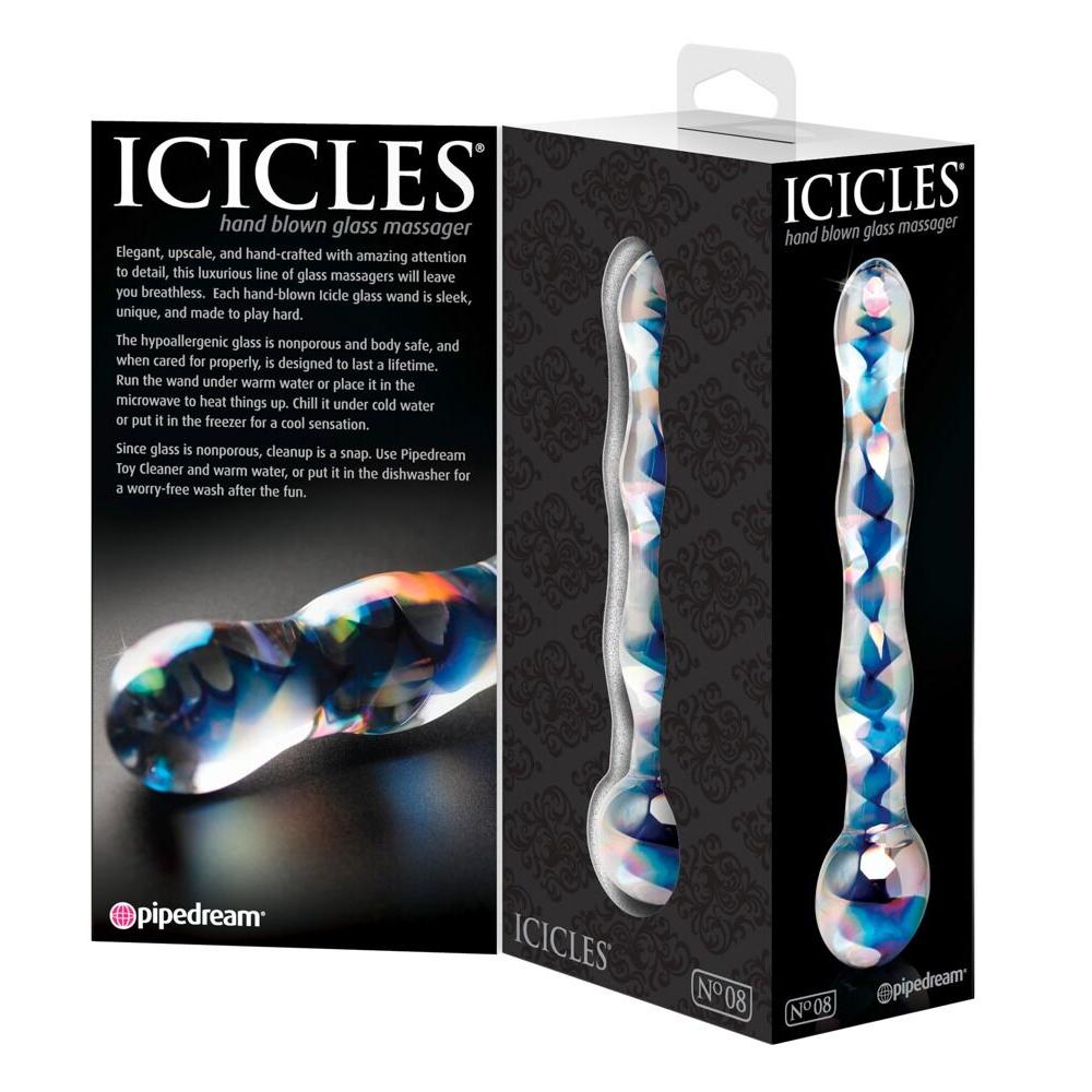 Icicles No.8 håndblåst glassdildo med iriserende blå og lilla fasettert design, vist i esken.