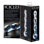 Icicles No.8 håndblåst glassdildo med iriserende blå og lilla fasettert design, vist i esken.