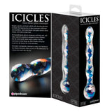 Icicles No.8 håndblåst glassdildo med iriserende blå og lilla fasettert design, vist i esken.
