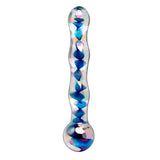 Håndblåst Icicles No.8 glassdildo med iriserende glasur og bølget design, 17,5 cm lang.