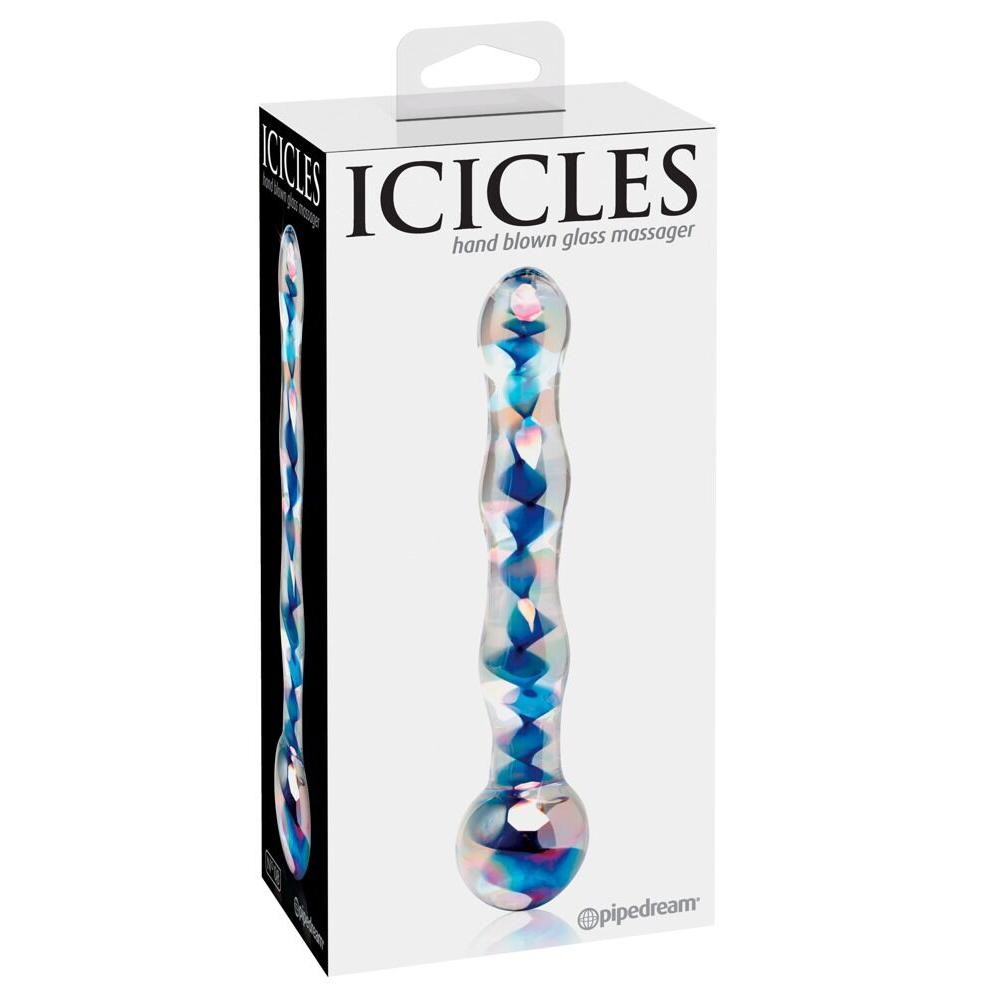 Icicles No.8 håndblåst glassdildo med iriserende blå og rosa fasettert design i hvit eske.