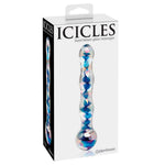 Icicles No.8 håndblåst glassdildo med iriserende blå og rosa fasettert design i hvit eske.