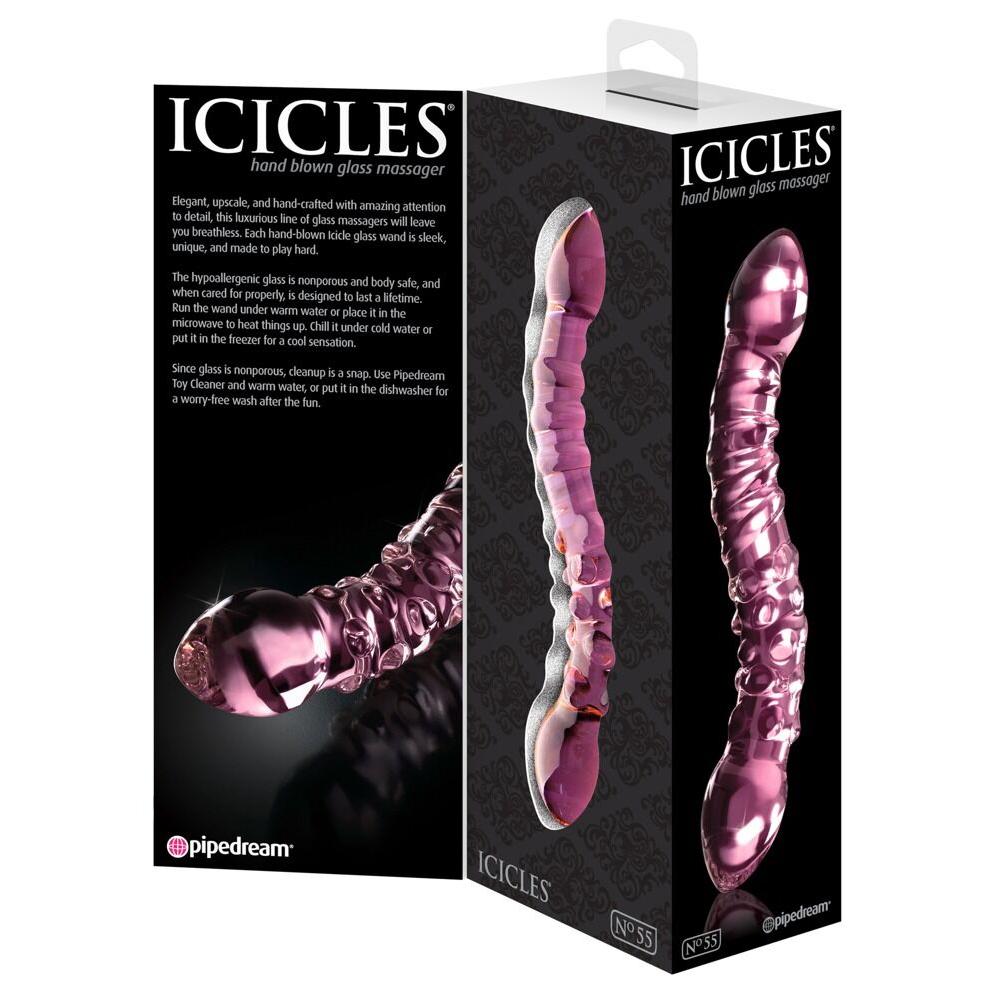 Rosa, håndblåst glassdildo med spiraltekstur og kuleformet ende, i eske.