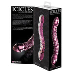 Rosa, håndblåst glassdildo med spiraltekstur og kuleformet ende, i eske.