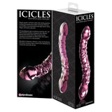 Rosa, håndblåst glassdildo med spiraltekstur og kuleformet ende, i eske.