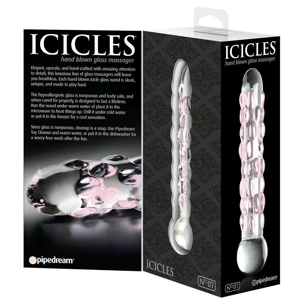 Icicles No.7 håndblåst glassdildo med rosa bobler og glatt tupp, i svart eske.