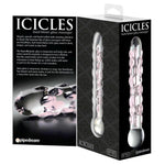 Icicles No.7 håndblåst glassdildo med rosa bobler og glatt tupp, i svart eske.