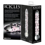 Icicles No.7 håndblåst glassdildo med rosa bobler og glatt tupp, i svart eske.