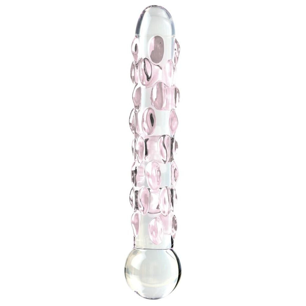 Icicles No.7 glassdildo i klart og rosa glass, med teksturert overflate og kuleformet base.
