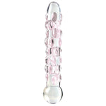 Icicles No.7 glassdildo i klart og rosa glass, med teksturert overflate og kuleformet base.