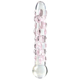 Icicles No.7 glassdildo i klart og rosa glass, med teksturert overflate og kuleformet base.