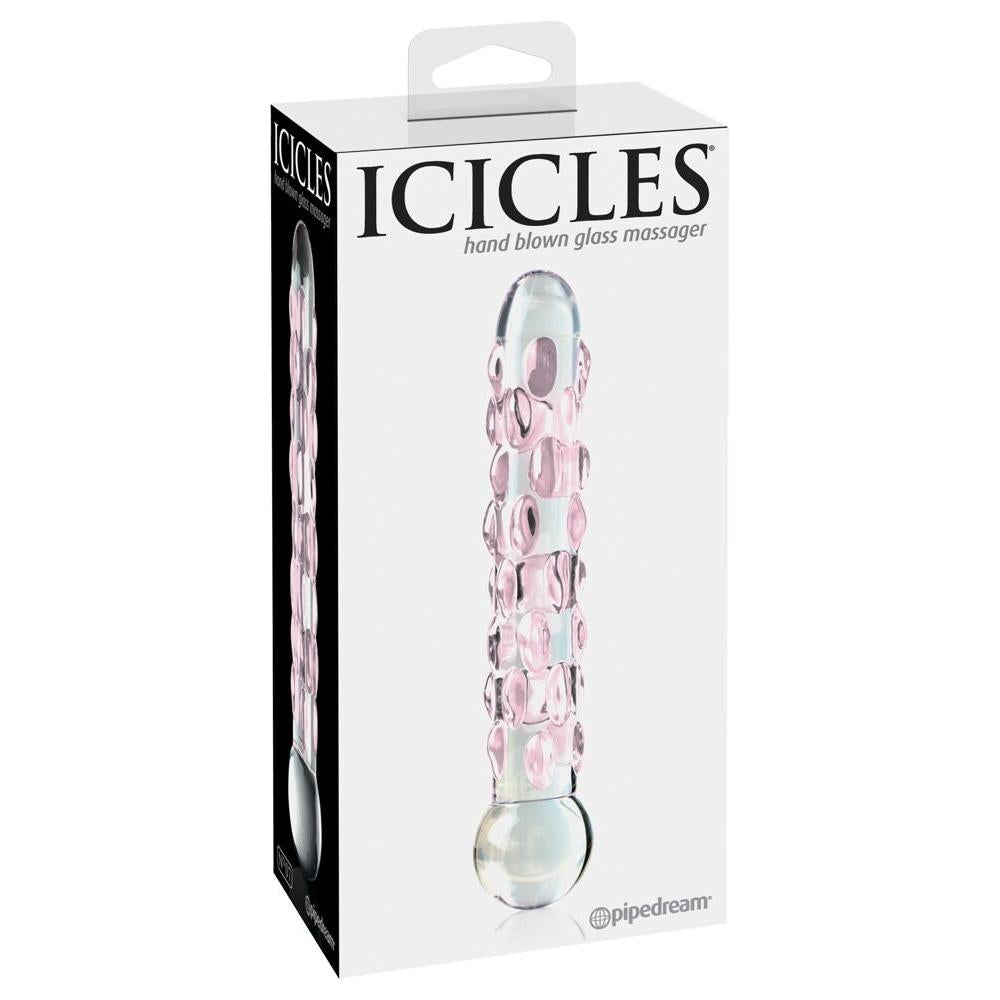 Icicles No.7 håndblåst glassdildo med rosa bobler og klar base i hvit eske.