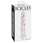Icicles No.7 håndblåst glassdildo med rosa bobler og klar base i hvit eske.