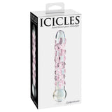 Icicles No.7 håndblåst glassdildo med rosa bobler og klar base i hvit eske.