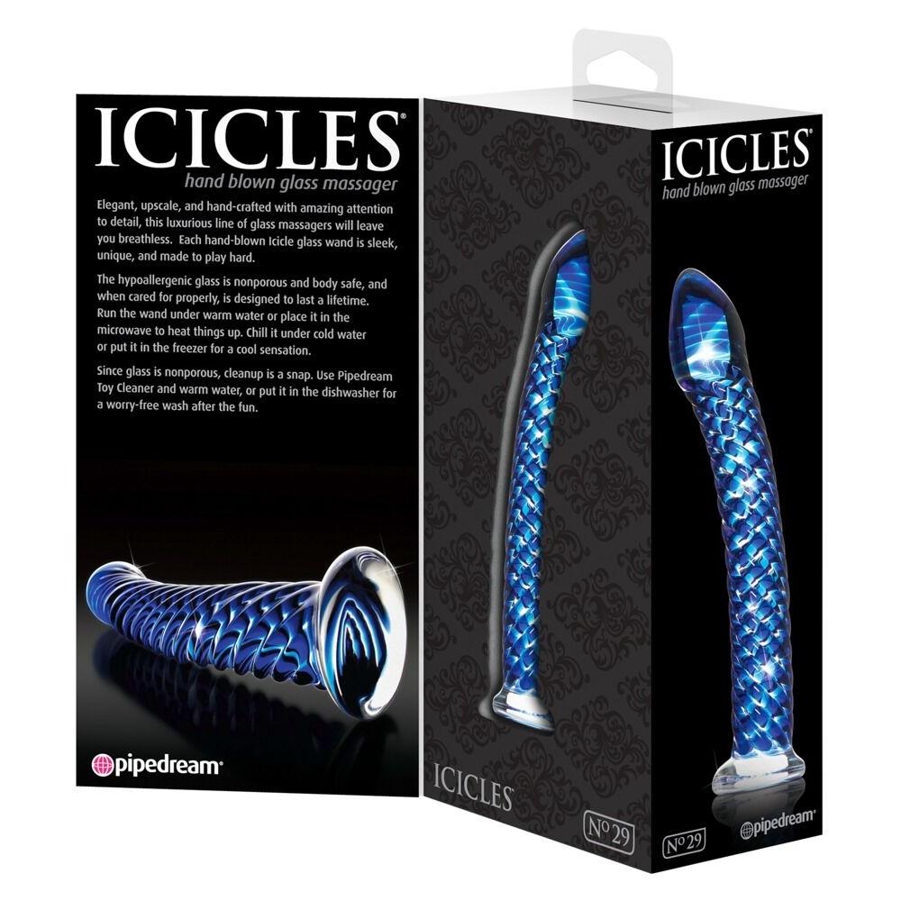 Blue Icicles No.29 håndblåst glassdildo med strukturert overflate og klar base.